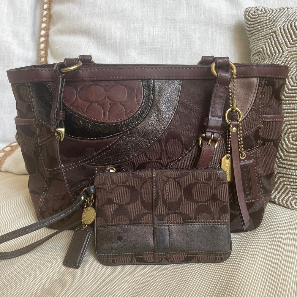 Coach Mosaic Gallery Patchwork Tote + Wristlet | Brown Signature Turnlocks Y2K